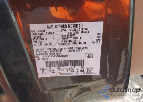 2005 Ford F-150 Lariat/Xl/Xlt z USA, uszkodzony, nr VIN 1FTPX12595NB18907